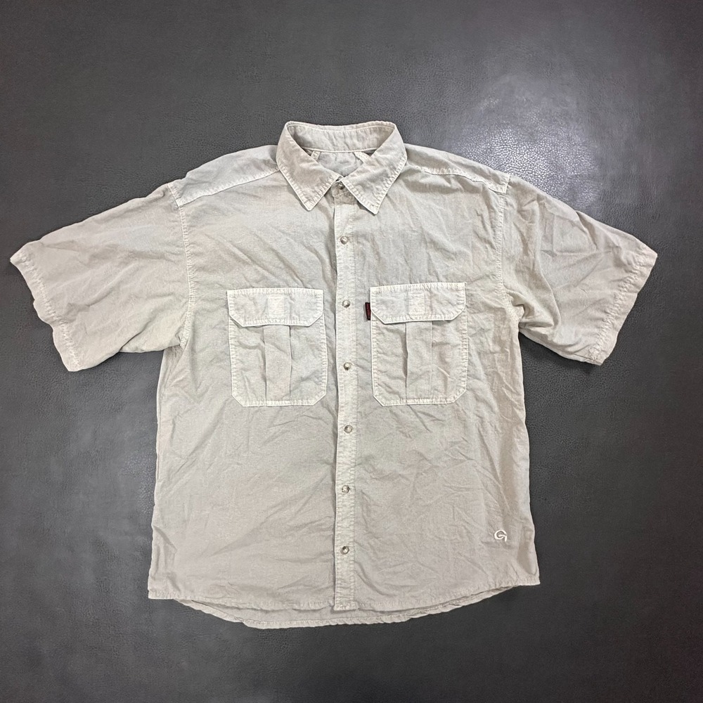 Vintage Gramicci Shirt Mens Medium Beige Gray Caped Hiking Climb Fish Caped USA